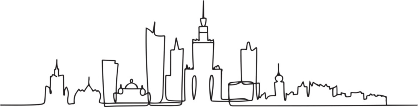 Single continuous line drawing Warsaw city skyline, Poland. Famous skyscraper landscape postcard. World travel wall decor art poster concept. one line Icon drawing