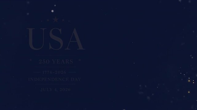 USA 250 Years Independence Day Anniversary Sparkling Motion Background. Elegant sparkling text animation for USA 250th anniversary Independence Day 1776-2026 on dark navy background.
