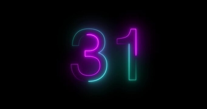 Glowing neon 31 text number animation on black background. Bright neon 31 number symbol. glowing neon number animation concept