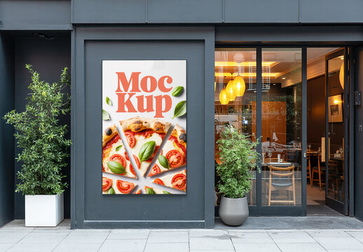 Vertical Poster Mockup on Modern Restaurant Exterior Wall