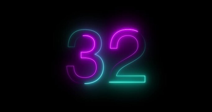 Glowing neon 32 text number animation on black background. Bright neon 32 number symbol. glowing neon number animation concept