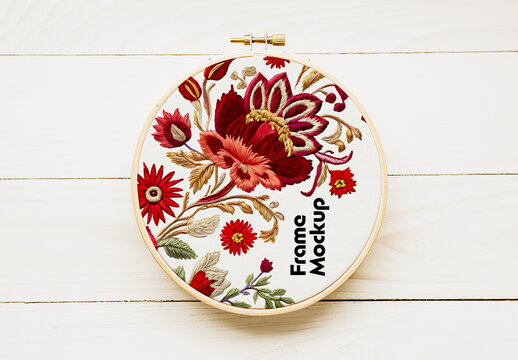 Wooden Embroidery Hoop Frame Mockup with Floral Needlework