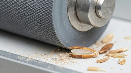 Grinding process of seeds using a machine in an agritech facility in a rural area