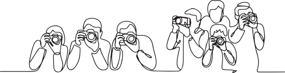 Fototapeta premium Continuous one line drawing photographers or paparazzi taking photo with digital cameras with angles. Journalists or reporters checking pictures. one line Icon drawing