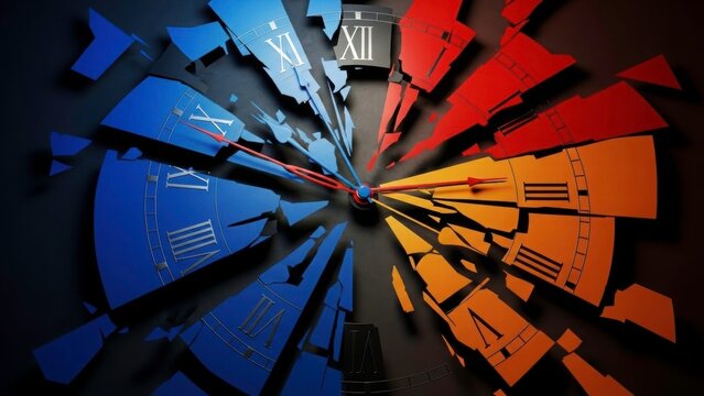 Fragmented Time's Essence: An abstract representation of time's passage unfolds, with a shattered clock face divided into vibrant blue and orange hues.