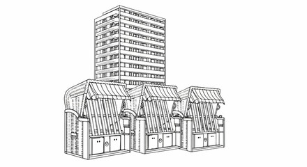 Modern building overlooks row of classic beach huts