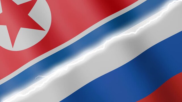 Two waving flags North Korea and Russia with diagonal lightning seamless, 4k loop