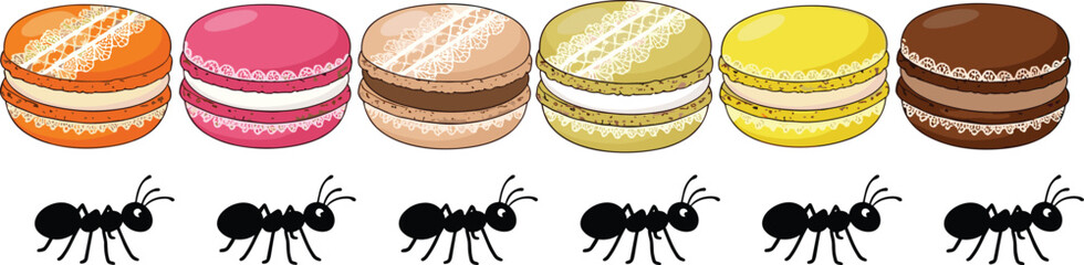 Cartoon illustration of colorful macarons with lace patterns and ant silhouettes, playful insect design for whimsical food-themed artwork © Yeasrin