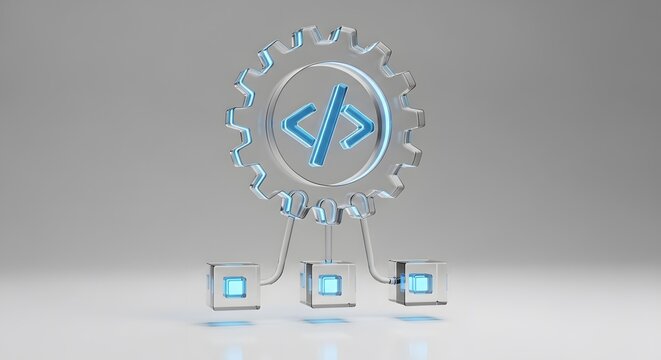 A futuristic gear with code symbols and connected cubes on a gray background