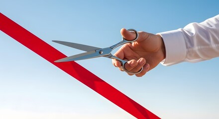 Obraz premium A hand in a white shirt holding scissors and cutting a red ribbon against a blue sky