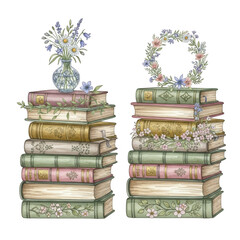 Two stacks of books with flowers on top of them