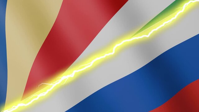 Two waving flags Seychelles and Russia with diagonal lightning seamless, 4k loop
