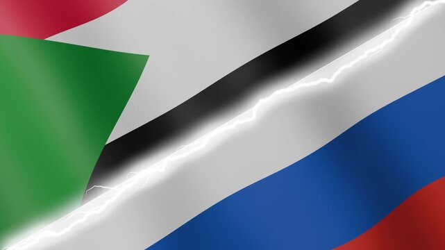 Two waving flags Sudan and Russia with diagonal lightning seamless, 4k loop
