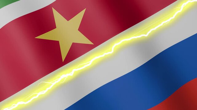 Two waving flags Suriname and Russia with diagonal lightning seamless, 4k loop