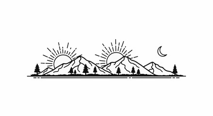 Fototapeta premium Line art landscape with suns, mountains, trees, and a crescent moon