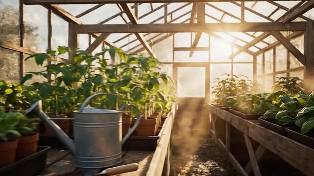 Young tomato seedlings growing in a rustic wooden greenhouse at sunrise.