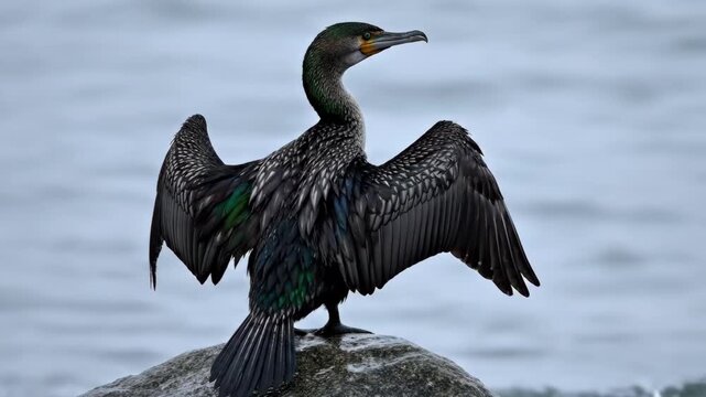 A cormorant bird with its wings spread out, perched on a rock near the water.