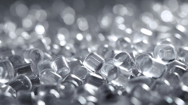 Macro high-resolution studio shot of clear polycarbonate plastic pellets, raw material granules for manufacturing, isolated with a bokeh background.