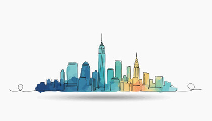 Fototapeta premium A watercolor illustration of a vibrant cityscape showcasing architectural marvels. It's a colorful skyline, inviting exploration and appreciation of urban design