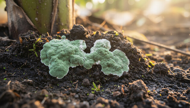 Close-up of green trichoderma fungi growing on dark fertile soil in organic banana farm with golden sunset light.