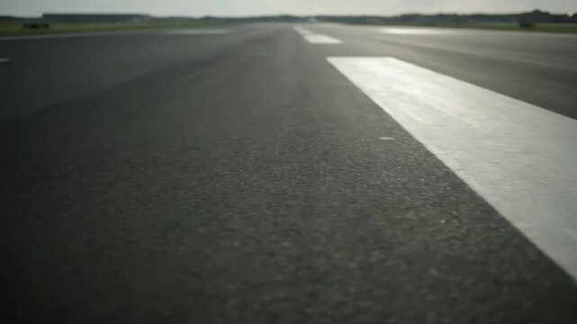 View of an airport runway with white markings. The asphalt surface stretches into the distance, ready for aircraft movement.