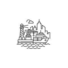 Fototapeta premium Industrial Shipping Port Scene with Lighthouse and City Skyline Illustration