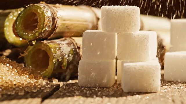 Freshly cut sugarcane stalks with dripping juice alongside various forms