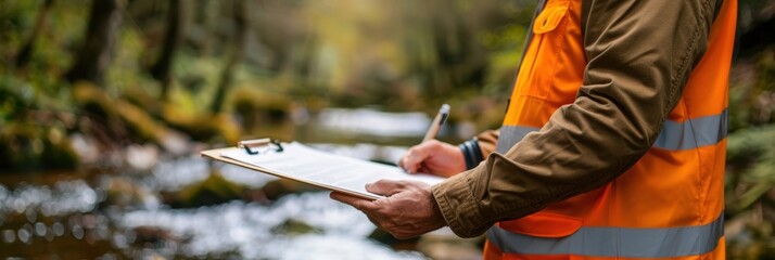 Forestry Inspector Conducting Environmental Impact Assessment Near Forest River