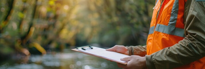Forestry Inspector Conducting Environmental Impact Assessment Near Forest River