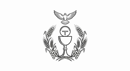 Religious symbol with chalice, dove, wheat, and grapes