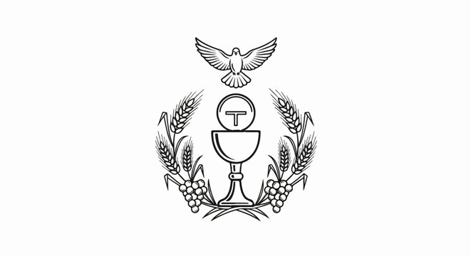 Religious symbol with chalice, dove, wheat, and grapes