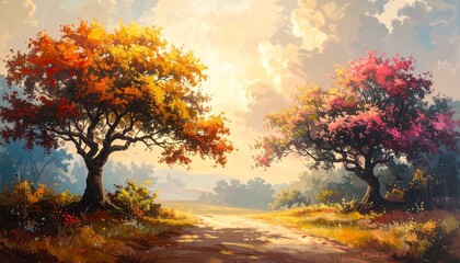 Colorful trees flank a path under a bright sky, resembling impressionistic painting style with vibrant, warm colors