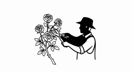 Person in hat tending to blooming roses with shears
