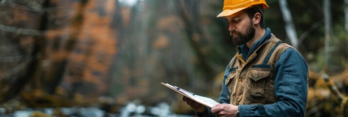 Forestry Inspector Conducting Environmental Impact Assessment Near Forest River