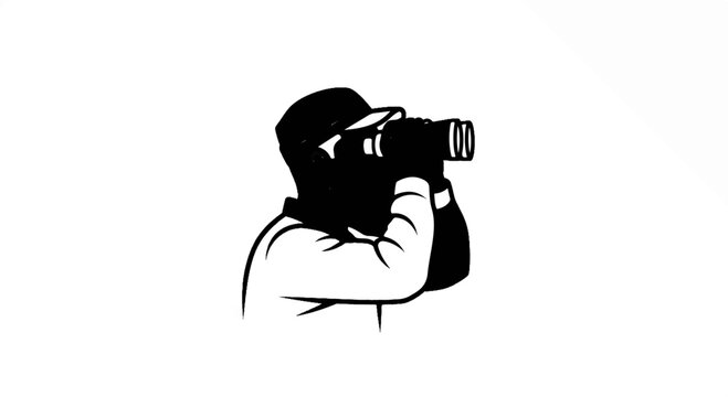 Silhouette of a person wearing a cap, holding a professional camera and shooting