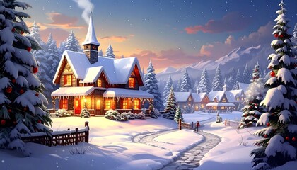 Fototapeta premium Cozy winter village with snow-covered houses, twinkling lights, and frosted trees under a colorful sky