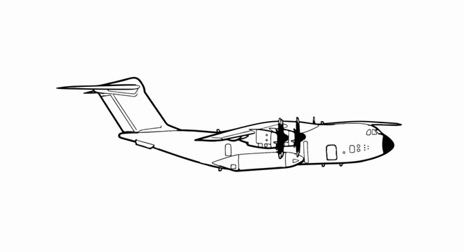 Outline of a four-engine turboprop aircraft with its propellers and tail clearly visible