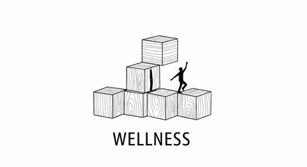 Fototapeta premium Silhouette figure climbs wooden blocks, symbolizing growth and well-being