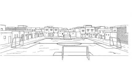 Outline sketch of a soccer field and buildings