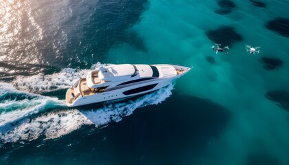 Fototapeta premium Autonomous Luxury Yacht Navigation with Companion Drones over Emerald Ocean