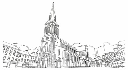 Fototapeta premium Ornate Gothic church with a tall spire, flanked by townhouses on a sunny day
