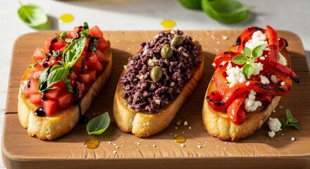 Delicious Trio of Bruschetta Appetizers on Wooden Board.