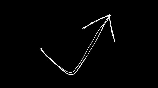 折れ曲った上向き矢印の落書き線画イラスト。線が動く手描きのアイコン動画。ループする4Kアニメーション。黒背景に白いペンでフリーハンドで描いた絵のデコレーションスタンプ