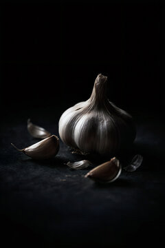 Elegant moody still life of a fresh garlic bulb with scattered cloves on a dramatic dark textured background in low-key lighting.