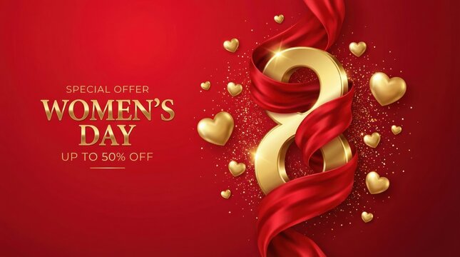 International Womens Day Special Offer with Golden Number 8 and Red Silk Ribbons.