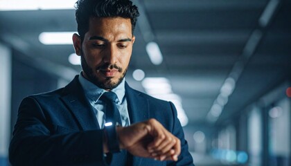 Fototapeta premium Focused business man in a dark suit checking his illuminated smart watch device in a modern corporate setting waiting for an important meeting . perfect any project.