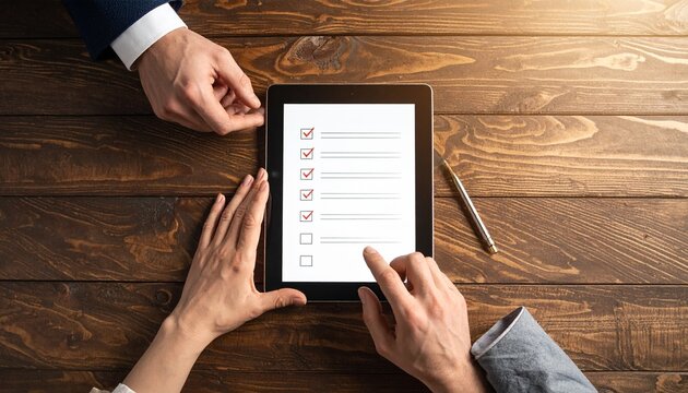 Overhead shot of business colleagues completing a productivity checklist on a modern touchscreen tablet for task management and success planning . perfect any project.