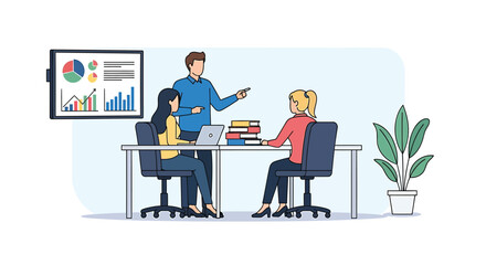 Fototapeta premium Vector illustration of three people working together in an office with a laptop and books on a desk.