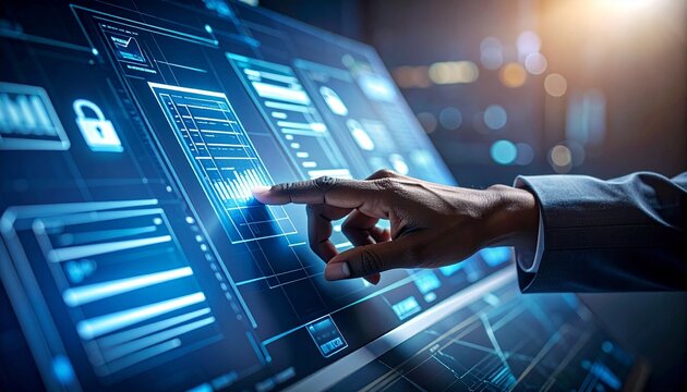 African American executive touching a glowing blue digital screen interface displaying big data analysis charts and cybersecurity protection features . perfect any project.