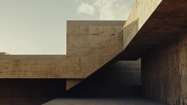 Modern concrete building structure displaying strong brutalist design principles with abstract geometric forms, casting long shadows under a clear sky, highlighting texture and light